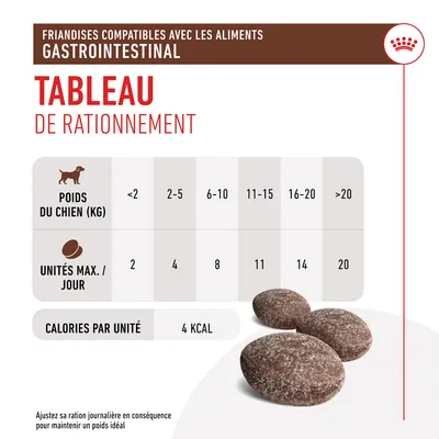 Tableau de rationnement friandises compatibles aliments gastrointestinal : poids du chien <2 kg 2 unités, 2–5 kg 4, 6–10 kg 8, 11–15 kg 11, 16–20 kg 14, >20 kg 20. 4 kcal/unité.