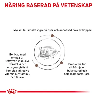 Näring baserad på vetenskap. Mycket lättsmälta ingredienser, anpassad kopparnivå, omega-3-fettsyror (EPA+DHA), vitamin E, C, taurin och prebiotika för balanserad tarmflora.
