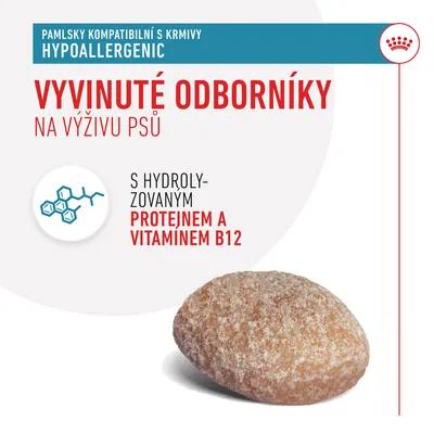 Pamlsky kompatibilní s krmivy HYPOALLERGENIC. Vyvinuté odborníky na výživu psů. S hydrolyzovaným proteinem a vitaminem B12. Zobrazen jeden pamlsek.