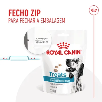 Fecho zip para fechar a embalagem. Royal Canin Treats, compatible with hypoallergenic diets, hydrolysed protein, vitamin B12, 230 g. easyopen zipsystem visível na embalagem.