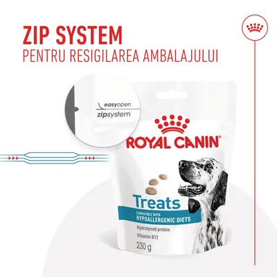 ROYAL CANIN Treats, 230 g, compatibil cu diete hipoalergenice, proteină hidrolizată, vitamina B12. Zip System pentru resigilarea ambalajului. Text pe ambalaj: easyopen zipsystem.
