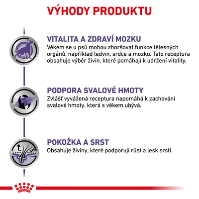 Výhody produktu: vitalita a zdraví mozku, podpora svalové hmoty, pokožka a srst. Popisy účinků živin na orgány, svaly a srst podle věku psa.