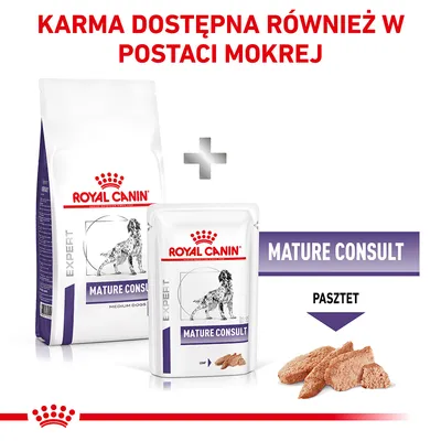 Royal Canin Expert Mature Consult karma dla psów, dostępna w postaci suchej i mokrej. Widoczne opakowania oraz pasztet. Napis: KARMA DOSTĘPNA RÓWNIEŻ W POSTACI MOKREJ.
