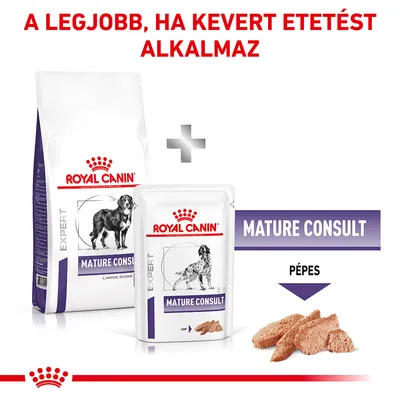 Royal Canin Expert Mature Consult száraz és nedves kutyatáp csomagolás, feliratok: MATURE CONSULT, PÉPES, A LEGJOBB, HA KEVERT ETETÉST ALKALMAZ
