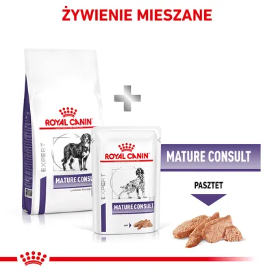 Royal Canin Expert Mature Consult karma sucha i mokra dla psów, opakowanie oraz saszetka z widocznym napisem MATURE CONSULT i pasztetem. Tekst: ŻYWIENIE MIESZANE, PASZTET.
