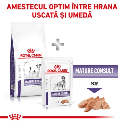 Royal Canin Expert Mature Consult hrană uscată și umedă pentru câini, pachet cu imaginea produselor și text: Amestecul optim între hrana uscată și umedă, pate.