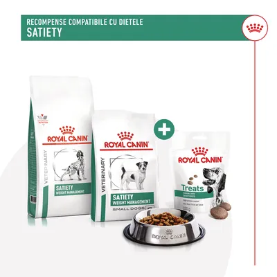 Pungi Royal Canin Veterinary Satiety Weight Management și Treats, bol metalic cu hrană uscată. Text vizibil: 'Recompense compatibile cu dietele Satiety'.