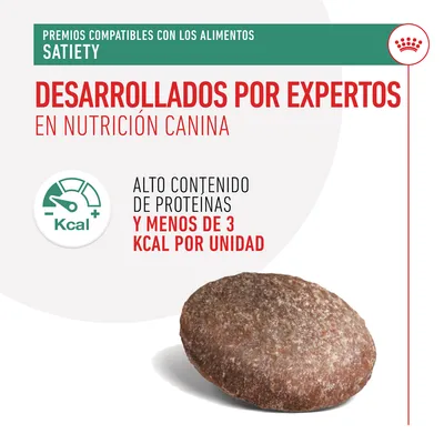 Premios compatibles con los alimentos Satiety, desarrollados por expertos en nutrición canina. Alto contenido de proteínas y menos de 3 kcal por unidad.