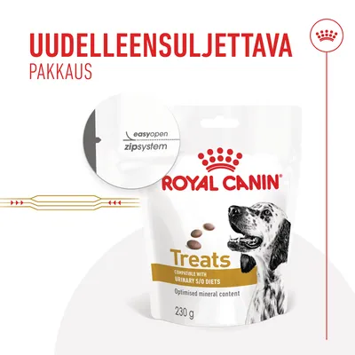 Uudelleensuljettava pakkaus. Royal Canin Treats, compatible with urinary S/O diets, optimised mineral content, 230 g. easyopen zipsystem.