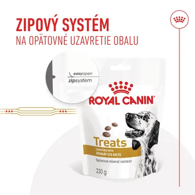 ROYAL CANIN Treats 230 g, zipový systém na opätovné uzavretie obalu, easyopen zipsystem, kompatibilné s URINARY S/O DIETS, optimised mineral content.