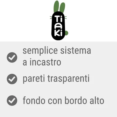 Tiaki, semplice sistema a incastro, pareti trasparenti, fondo con bordo alto