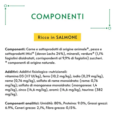 Componenti: carne e sottoprodotti animali, pesce e sottoprodotti ittici (salmone 24%), minerali, verdure, zuccheri. Additivi: vitamine, minerali, aromi, taurina. Umidità 80%, proteina 9%.