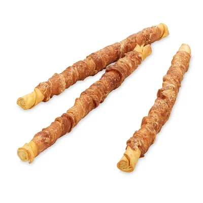 Three chew snacks made from twisted beef hide wrapped with dried meat, suitable as dog chews. Three chew snacks made from twisted beef hide wrapped with dried meat, suitable as dog chews.