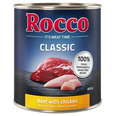 Rocco Classic wołowina z kurczakiem, puszka 800g. 100% świeżych składników i receptura bez zbóż.