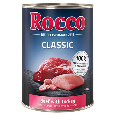Rocco Classic, puszka 400 g. Widoczne mięso wołowe i z indyka. Tekst: Beef with turkey, 100% fresh ingredients & grain-free, frische Zutaten & getreidefrei.
