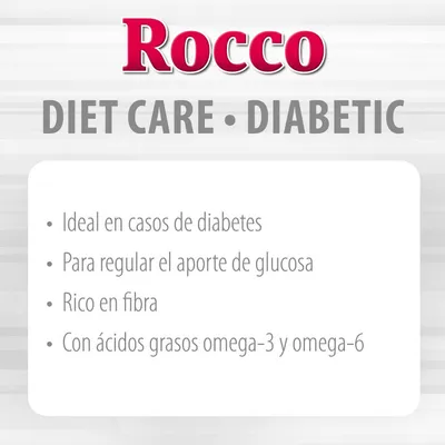 Rocco DIET CARE DIABETIC. Ideal en casos de diabetes, para regular el aporte de glucosa, rico en fibra, con ácidos grasos omega-3 y omega-6.