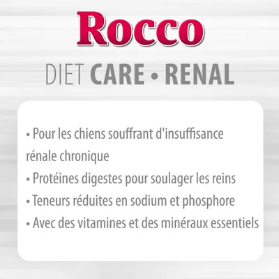 Rocco DIET CARE RENAL. Pour les chiens souffrant d'insuffisance rénale chronique, protéines digestes, teneurs réduites en sodium et phosphore, avec vitamines et minéraux essentiels.