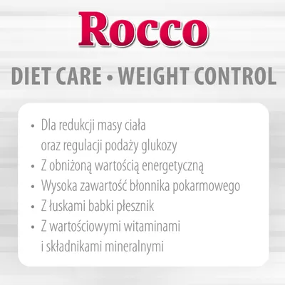 Rocco Diet Care Weight Control. Dla redukcji masy ciała, regulacji podaży glukozy, obniżona wartość energetyczna, wysoka zawartość błonnika, łuski babki płesznik, witaminy i minerały.