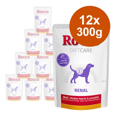 Rocco Dietcare Renal, 12x300g, marha, csirkeszív és sütőtök, alacsony fehérjetartalom. Lila kutyaszimbólumos csomagolás, narancssárga mennyiségjelzéssel.