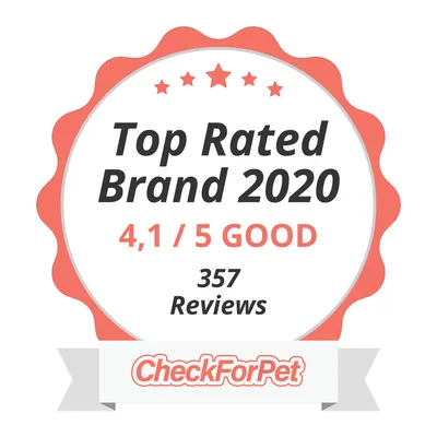 Top Rated Brand 2020, 4,1 / 5 GOOD, 357 Reviews, CheckForPet. Texte en anglais.