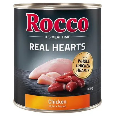 Rocco Real Hearts, Huhn mit ganzen Hühnerherzen, 800g Dose. Text: It's Meat Time, Chicken - Huhn - Poulet.
