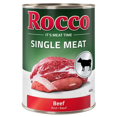 Rocco Single Meat говядина, 400 г банка. Изображение сырой говядины и символ коровы.