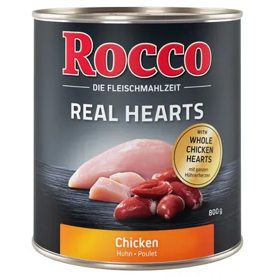 Консерва Rocco Real Hearts Chicken 800 г, с изображение на пилешко месо и сърца. Видим текст: WITH WHOLE CHICKEN HEARTS, Chicken Huhn Poulet.