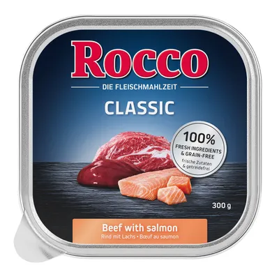 Rocco Classic, the meat meal. Variety: beef with salmon. 100% fresh ingredients & grain-free. Pack size: 300g.