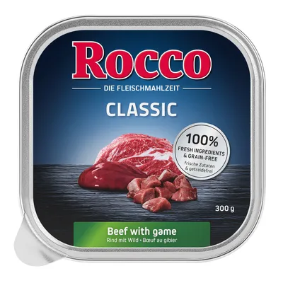 Rocco Classic, 300 g. Texto visível: 100% fresh ingredients & grain-free. Beef with game. Rind mit Wild. Bœuf au gibier. Die Fleischmahlzeit. Frische Zutaten & getreidefrei.