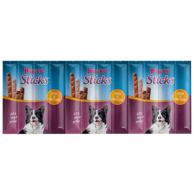 Rocco Sticks, govedina i piletina, mekane i lako se dijele, 120g. Pakiranje s više jedinica.