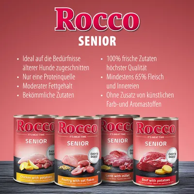 Rocco Senior – texte en allemand : adapté aux besoins des chiens âgés, une seule source de protéines, 65 % viande et abats, sans additifs artificiels. Boîtes visibles : poulet, agneau, bœuf.