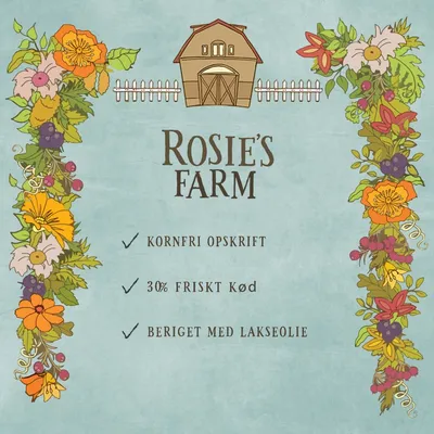 ROSIE'S FARM. Kornfri opskrift, 30 % friskt kød, beriget med lakseolie.