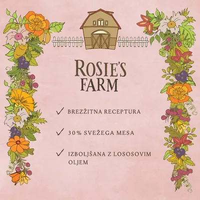 Rosie's Farm. Brezžitna receptura, 30 % svežega mesa, izboljšana z lososovim oljem.