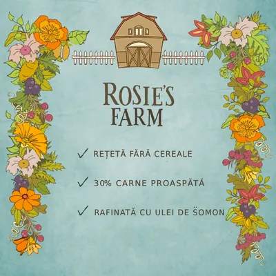 Rosie's Farm. Rețetă fără cereale, 30% carne proaspătă, rafinată cu ulei de șomon.