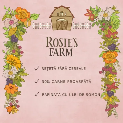 Rosie's Farm. Rețetă fără cereale, 30% carne proaspătă, rafinată cu ulei de somon.