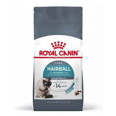 Confezione Royal Canin Care Hairball per gatti, testo visibile: aiuta a ridurre la formazione di boli di pelo, risultati provati in 14 giorni, immagine di gatto sul fronte.