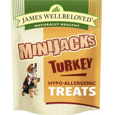 James Wellbeloved MiniJacks Turkey hypo-allergenic treats, naturally healthy, with images of two dogs on the packaging.