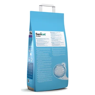 Sac de litière pour chat Sanicat Classic, texte d’utilisation et informations visibles sur l’emballage bleu avec poignée. Marque Sanicat clairement affichée.