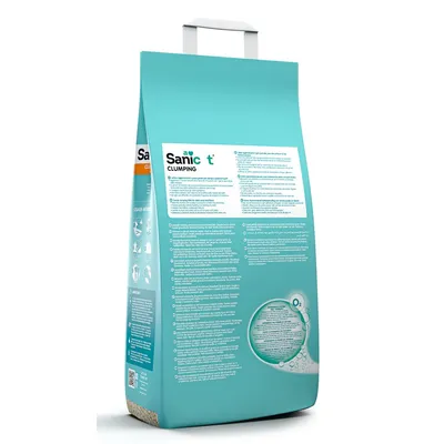 Sanicat clumping cat litter, packaging with instructions and product details in multiple languages. Visible O2 logo and ingredient information.