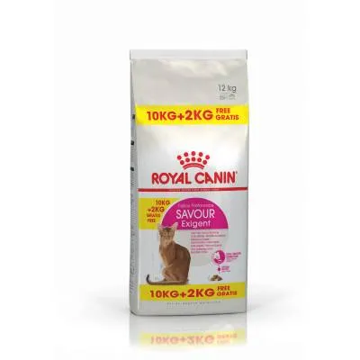 Zak Royal Canin Savour Exigent kattenvoer, 12 kg. Opdruk: 10KG+2KG FREE GRATIS. Afbeelding van een kat op de verpakking.