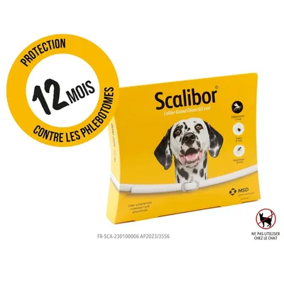 Scalibor Collier Grand Chien 65 cm, protection 12 mois contre les phlébotomes, tiques 6 mois, moustiques 6 mois. Ne pas utiliser chez le chat. MSD Santé Animale.