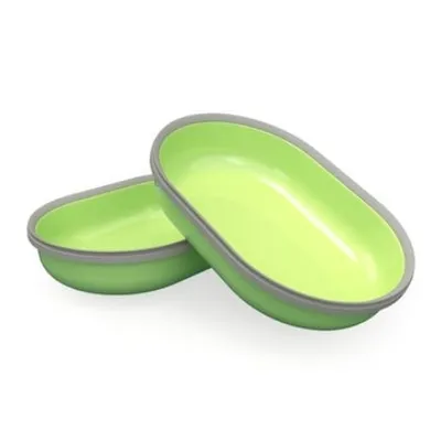 Two green oval plastic pet bowls with grey rims, stacked together. No visible brand or text.