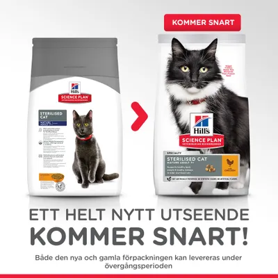 Hill's Science Plan Sterilised Cat torrfoder, bild på nuvarande och ny förpackning med texten 'Ett helt nytt utseende kommer snart!'. Både nya och gamla kan levereras.