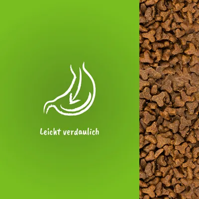 Symbol eines Magens mit Pfeil und Text 'Leicht verdaulich' neben einer Nahaufnahme von braunem Trockenfutter.