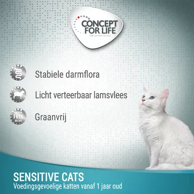 CONCEPT FOR LIFE Sensitive Cats, stabiele darmflora, licht verteerbaar lamsvlees, graanvrij. Voor voedingsgevoelige katten vanaf 1 jaar oud.