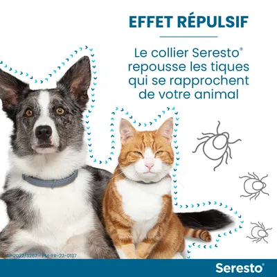 Effet répulsif : le collier Seresto repousse les tiques qui se rapprochent de votre animal. Chien et chat portant un collier, illustrations de tiques autour d’eux. Marque Seresto.