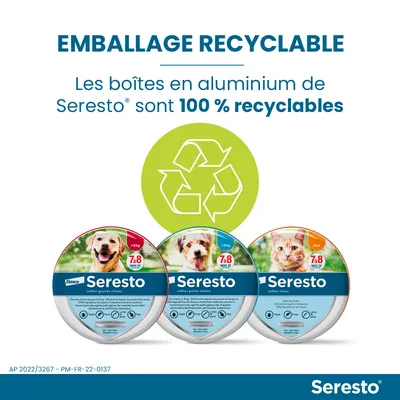 Emballage recyclable. Les boîtes en aluminium de Seresto sont 100 % recyclables. Trois boîtes Seresto visibles : collier grands chiens, petits chiens et chats.