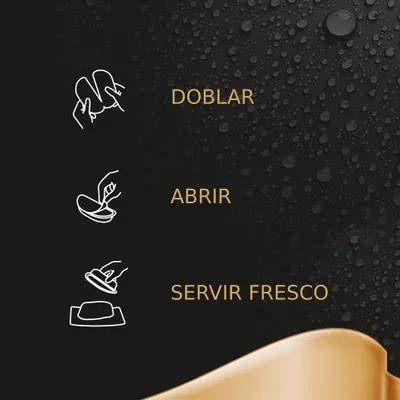 Instrucciones ilustradas: doblar, abrir y servir fresco. Incluye dibujos de manos realizando cada paso junto al texto correspondiente.