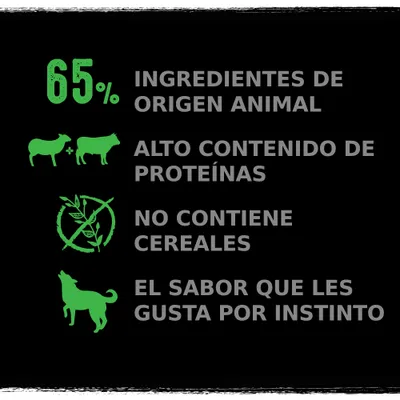 65 % ingredientes de origen animal, alto contenido de proteínas, no contiene cereales, el sabor que les gusta por instinto. Texto en español con iconos de animales y cereal tachado.