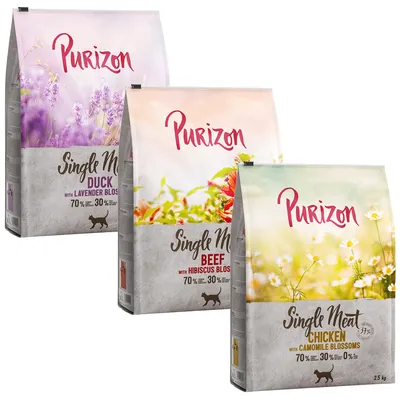 Purizon Single Meat Trockenfutter für Katzen: Duck mit Lavendelblüten, Beef mit Hibiskusblüten, Chicken mit Kamillenblüten. 70% Fleisch, 30% Gemüse, 0% Getreide.